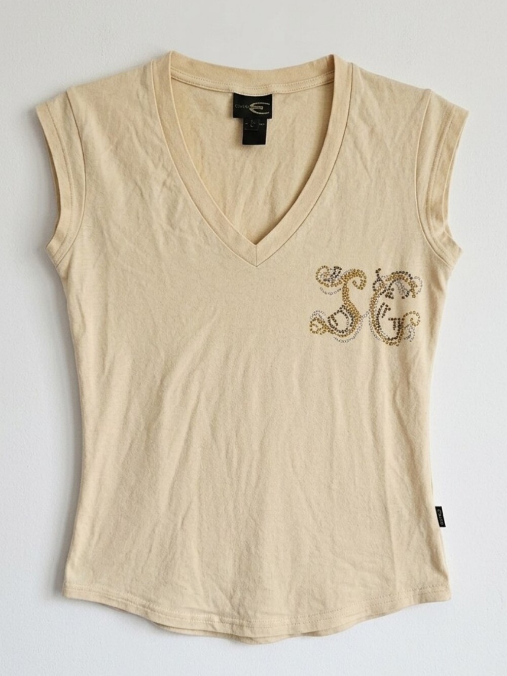 Vintage Just Cavalli Y2K Yellow Rhinestone JC Monogram V-Neck Top L